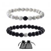 SwirlColor Distance Bracelet Black Matte Agate White Howlite Best Friends Relationship Couples Distance Beads - 2Pcs